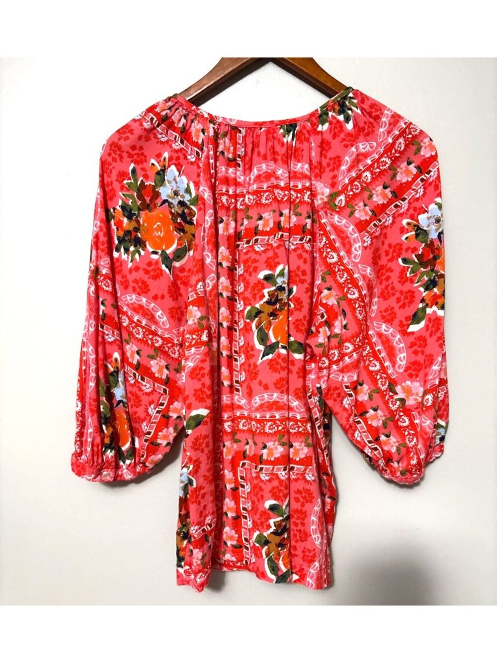 Lauren Conrad Red Floral Boho Peasant Blouse S 3/4 Sleeve Lightweight Relaxed Fi - Picture 4 of 6